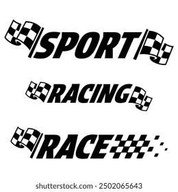 Sport race labels with flags and checkered patterns and sample words. Competition circuit labes stickers for racing designs
