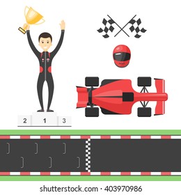 Sport race set: track, flags, helmet, racing car, Winner man on the podium, the gold Cup. Racer champion isolated on white background. Vector illustration for web design or print