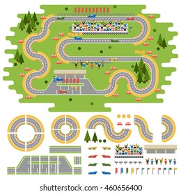 Sport race track curve road vector, car sport track. Transportation roadway design elements top view constructor for car competition or city driving 