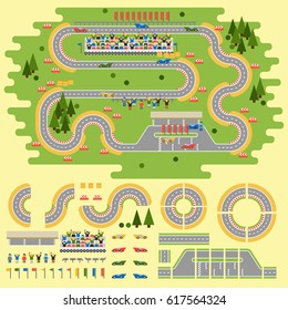 Sport Race Track Curve Road Vector, Car Sport Track. Transportation Roadway Design Elements Top View Constructor For Car Competition Or City Driving 