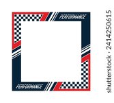 Sport race track square blue and red frame with flag and geometric lines. Checkered flag pattern with sample text and linear elements isolated on white background