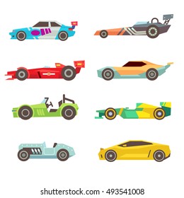 Iconos vectoriales planos de camión deportivo aislados en fondo blanco. Ilustración del motor de velocidad