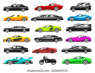 Sport Racing Car and Government Motor Vehicle Side View Big Vector Set