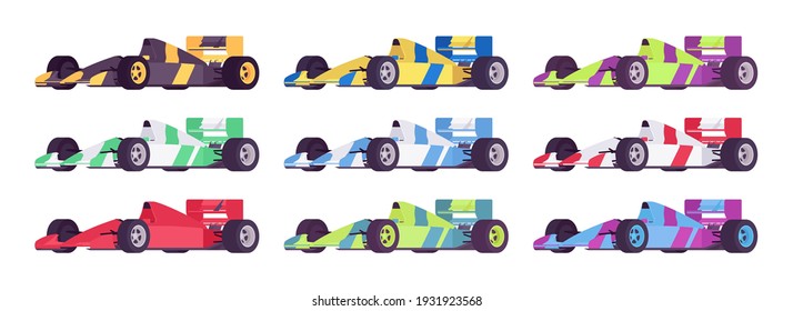 Automóvil deportivo, motor de alta velocidad en diseño de campeonato brillante, vista lateral. Cruzar automáticamente los vehículos de la competencia. Ilustración de dibujos animados de estilo plano vectorial aislados en fondo blanco, colores diferentes