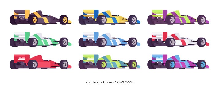 Sport racing car, high speed motor set in championship design. Autocross professional competition modern vehicles. Vector flat style cartoon illustration isolated on white background, different colors