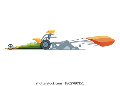 Sport Racing Car, Side View, Fast Motor Racing Bolid with Parachute Vector Illustration