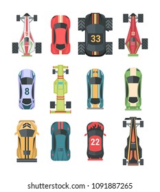 Sport and racing cars - set of modern vector elements isolated on white background for creating your own images. Top view position of different models of vehicles