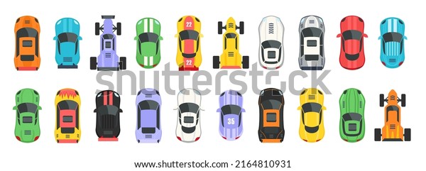 Sport and racing\
cars set. Modern vehicle elements isolated on white background top\
view of different models of automobiles for competition. Flat\
vector illustration