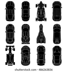 Sport And Racing Cars Top View Icons Set , Car Silhouettes, Isolated On White Background. Vector Illustration