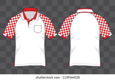 Sport Racing Raglan Polo Shirt Design Checkered Pattern White-Red Printing And One Pocket Vector.Front And Back View.
