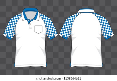 Sport Racing Raglan Polo Shirt Design Checkered Pattern White-Blue Printing And One Pocket Vector.Front And Back View.
