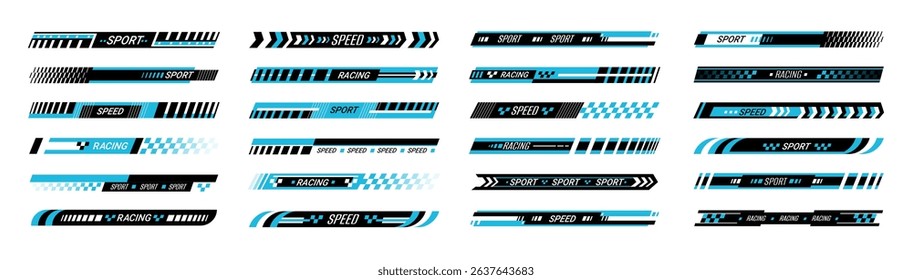 Sport racing stripes. Sport car decal sticker. Speed stripes, numbers, checkered flags, text slogans for race cars, motorcycles, helmets and athletic gear. Vector transport marking.