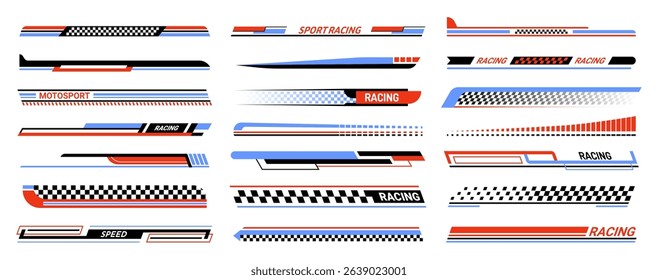Sport racing stripes. Car racing stripe decals with checkered patterns, dynamic speed lines, rally arrow stickers. Car vinyl wraps, motorsport red, black and blue decals for tuning. Vector set.
