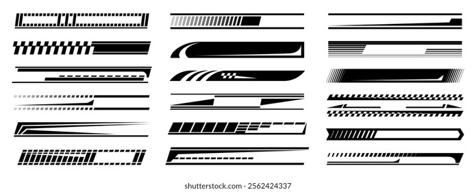 Sport racing stripes isolated set with copy space. Vector turbo power, speed and drift vinyl decal for car bike and truck. Stickers for vehicle tuning and upgrade, motor transport modification