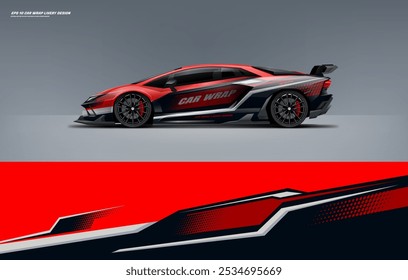 Sport racing supercar wrap livery design red and black color combination for universal medium vector eps10 ready to print printable file