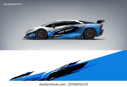 Sport racing supercar wrap livery design blue color combination for universal car vector eps10 ready to print printable file