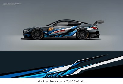 Sport racing supercar wrap livery design blue color combination for universal car vector eps10 ready to print printable file