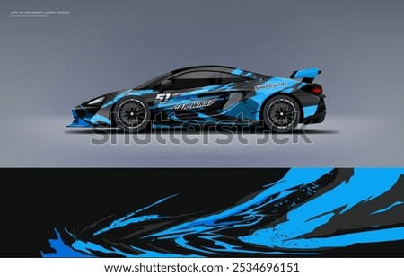 Sport racing supercar wrap livery design blue color combination for universal car vector eps10 ready to print printable file