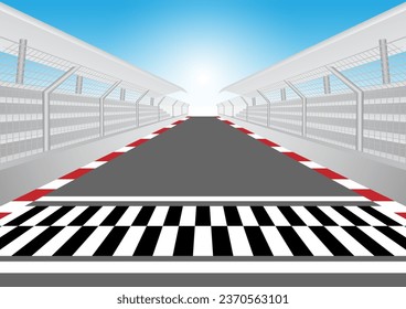 Pista deportiva con estadio. Pista de carreras con línea de inicio o fin. Pista de Go-kart. Carretera de carreras. Ilustración vectorial.