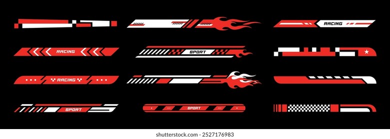 Sport Racing Tuning Stripes Vetor Flat Set em fundo preto. Design de padrões com setas, chama, fogo ardente, formas geométricas, padrão xadrez e linhas para carros esporte, moto, bots.	