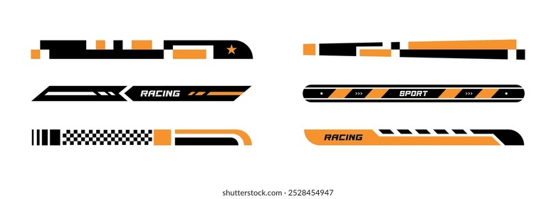 Sport Racing Tuning Stripes Vetor Flat Set em fundo branco. Design com setas, estrela e formas geométricas, padrão xadrez e linhas para carros esportivos, moto, botas.