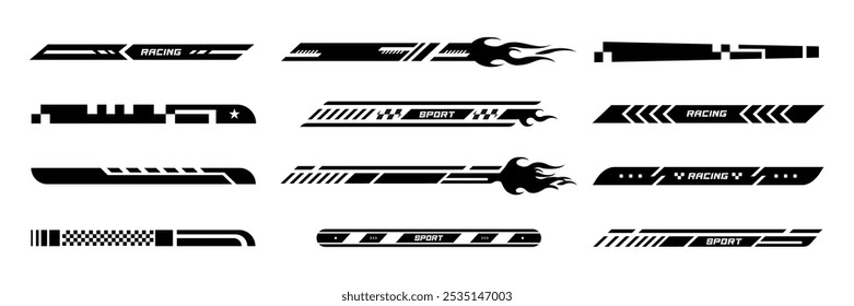 Deporte Racing Tuning Stripes Vector Negro y Blanco Set sobre fondo blanco. Diseño de patrones con flechas, llama, fuego ardiente, Formas geométricas, patrón a cuadros y líneas para automóviles deportivos, motos, botes.	 