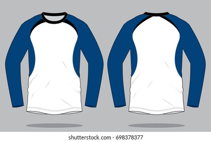 Sport Raglan Long Sleeve T-shirt Design White-Blue-Black Colors Vector.Front And Back Views.