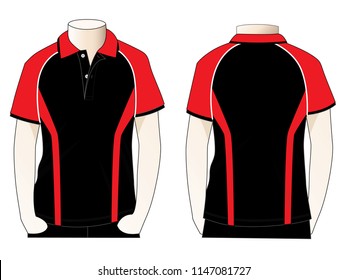 Sport Raglan Polo Shirt Design Black-Red And White Piping Vector.Front And Back View.