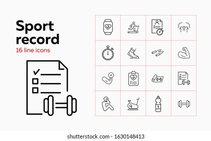 Sport Record Icons. Set Of Line Icons. Jogging, Muscle, Pulse Trace. Fitness Concept. Vector Illustration Can Be Used For Topics Like Sport, Healthy Lifestyle, Training