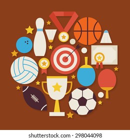 Sport Recreation and Competion Vector Flat Design Circle Shaped Objects Set with Shadow. Vector Illustration. Collection of Sports and Activities Colorful Objects. Modern Team Games First place Items.