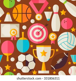 Sport Recreation Competition Brown Seamless Pattern. Sports and Activities Flat Design Vector Illustration. Background. Set of Team Games First place and Sport Items 