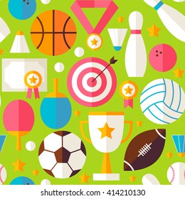 Sport Recreation Competition Green Seamless Pattern. Activities Flat Design Vector Illustration. Background. Set of Team Games First place and Sport Items 