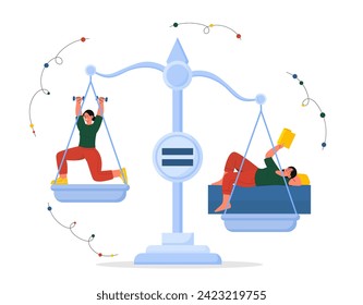 Sport or recreation concept. Comparsion of action and lazy lifestyle. Fitness and workout versus rest and relax. Woman with dumbbells and book at weights. Cartoon flat vector illustration