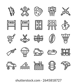 Sport and recreation icon set in line style representing various activities and sports concepts