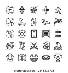 Sport and recreation icon set in line style representing various activities and equipment sports