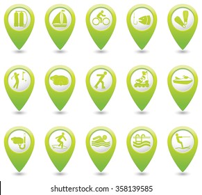 Sport and recreation icon set on green map pointers.