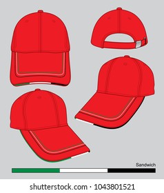 Sport Red Baseball Cap With Stitching and Sandwich Contrast Design, Adjustable Metal Buckle Strap Vector.