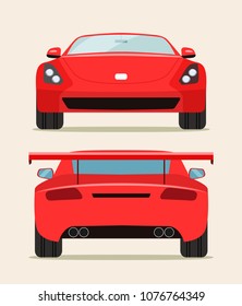 Sport Red Car Two Angle Set. Car  Front And Rear View. Vector Flat Illustration