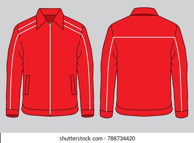 Sport Red Jacket Design with White Lines Piping Design on Gray Background. Front and Back Views, Vector File.