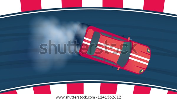 Sport red modern car drifting\
on race track. Motorsport competition. Top view vector\
illustration.