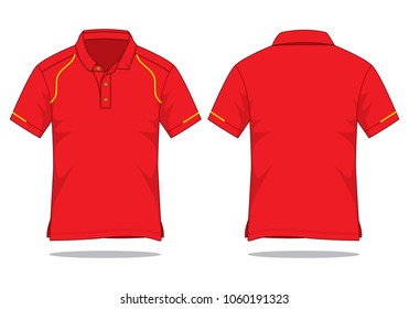 Sport Red Polo Shirt Design With Yellow Lines Piping Vector.Front And Back Views.
