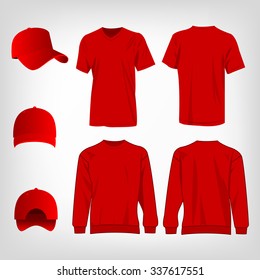 Sport red t-shirt, sweater and baseball cap isolated set vector