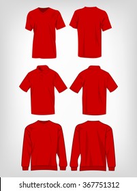 Sport red t-shirt, sweater and polo shirt isolated set vector