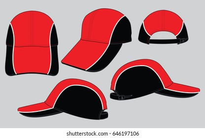 Sport Red-Black Baseball Cap With White Line Piping And Slider Plastic Buckle Zip Design On Gray Background