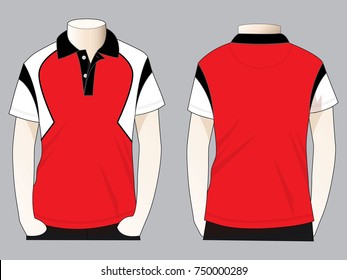 Sport Red-White-Black Short Sleeve Polo Shirt Design on Gray Background. Front and Back Views, Vector File.