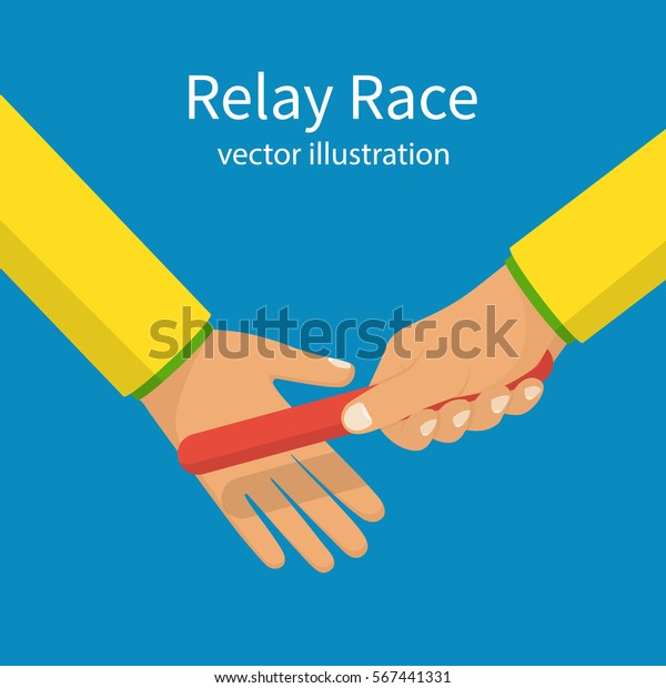 スポーツリレーレース 2人の選手が手から手リレーバトンに渡った ベクターイラストフラットデザイン 青の背景に 競合のコンセプト 共通の目標を達成する のベクター画像素材 ロイヤリティフリー