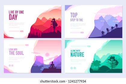 Sport rest day vector brochure cards set.  Tourism on nature template of flyear, web banner, ui header, enter site. Invitation concept background. Layout illustration modern slider