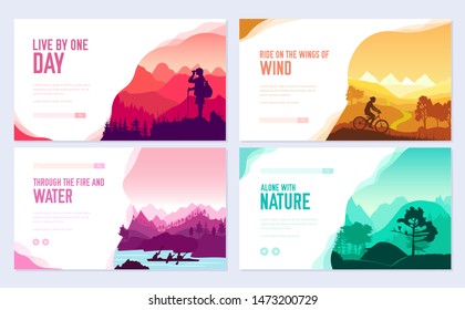 Sport Rest Day Vector Brochure Cards Set.  Tourism On Nature Template Of Flyer, Web Banner, Ui Header, Enter Site. Invitation Concept Background. Layout Illustration Modern Slider