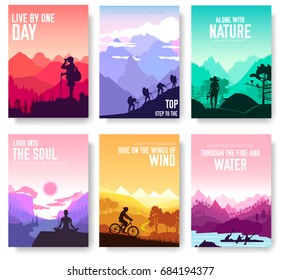 Sport rest day vector brochure cards set.  Tourism on nature template of flyear, magazines, poster, book cover, banners. Active lifestyle invitation concept background. Layout illustration modern page