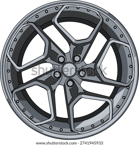 Sport rim vector artwork featuring dynamic spoke geometry and metallic gradient shading. Fully scalable EPS format, ideal for car modification presentations and motorsport designs.
